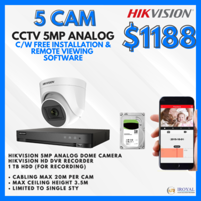 HIKVISION DS-2CE76H0T-ITPF(C) 5MP Ultra HD CCTV Camera Solution – 5 CAM Package | IR Night Vision | with Installation | Full HD 1080 | 24Hrs Recording
