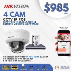 HIKVISION DS-2CD1123G0E-I CCTV Solution POE Network IP Package – 4 CAM Package | IR Night Vision | Water and dust resistant (IP67) and vandal resistant (IK10) | Efficient H.265+ compression technology | Support smart motion detection | remote viewing/playback from mobile | with Installation | Full HD 1080 | 24Hrs Recording