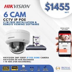 HIKVISION DS-2CD1123G0E-I CCTV Solution POE Network IP Package – 6 CAM Package | IR Night Vision | Water and dust resistant (IP67) and vandal resistant (IK10) | Efficient H.265+ compression technology | Support smart motion detection | remote viewing/playback from mobile | with Installation | Full HD 1080 | 24Hrs Recording