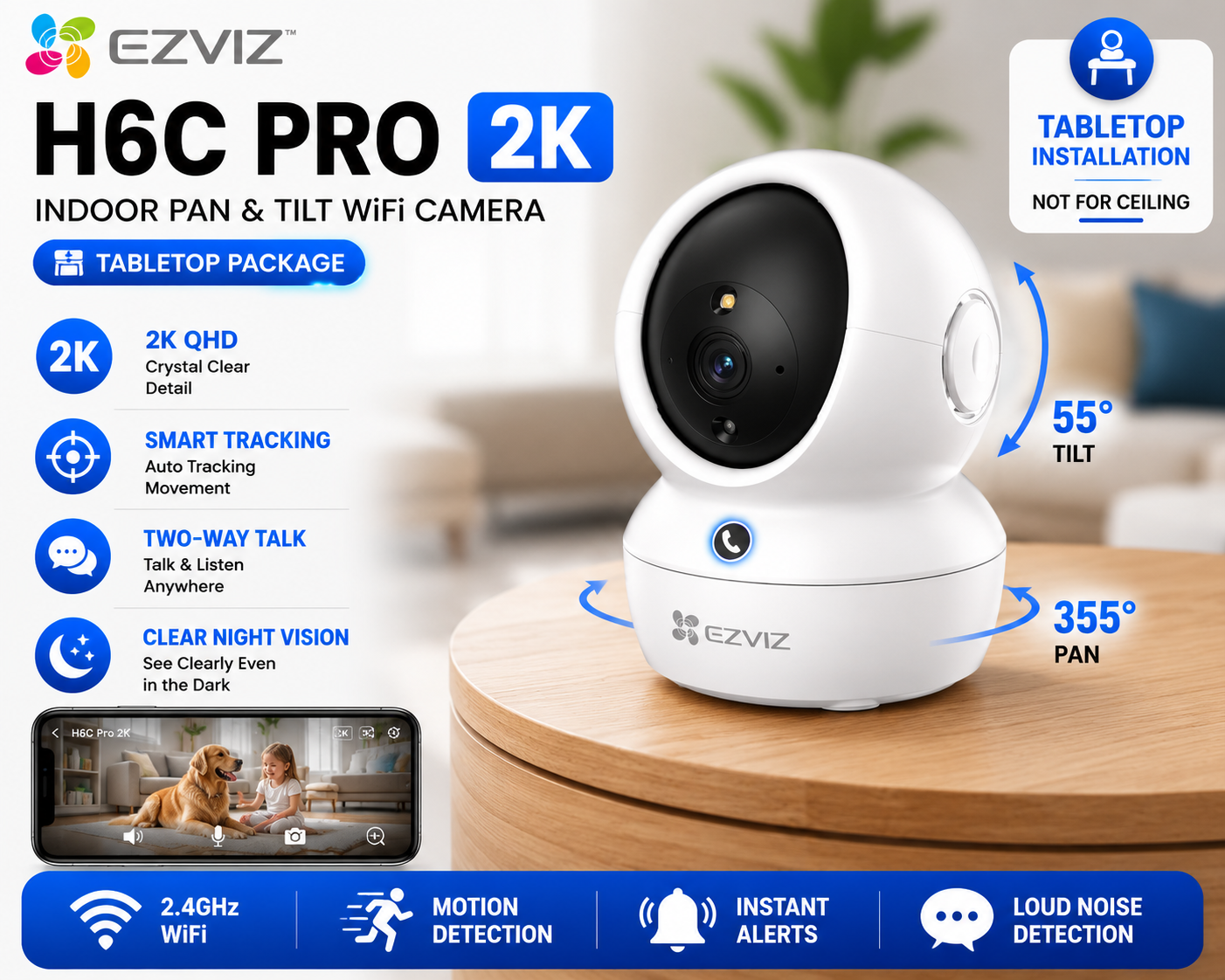 EZVIZ H6C Pro 2K Indoor Pan and Tilt WiFi CCTV Camera Tabletop Installation Package (8)